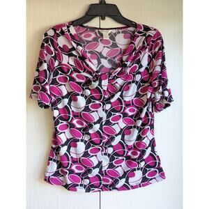 Christopher & Banks Womens Pink Black Short Sleeve Tied V-neck Casual Top Size S